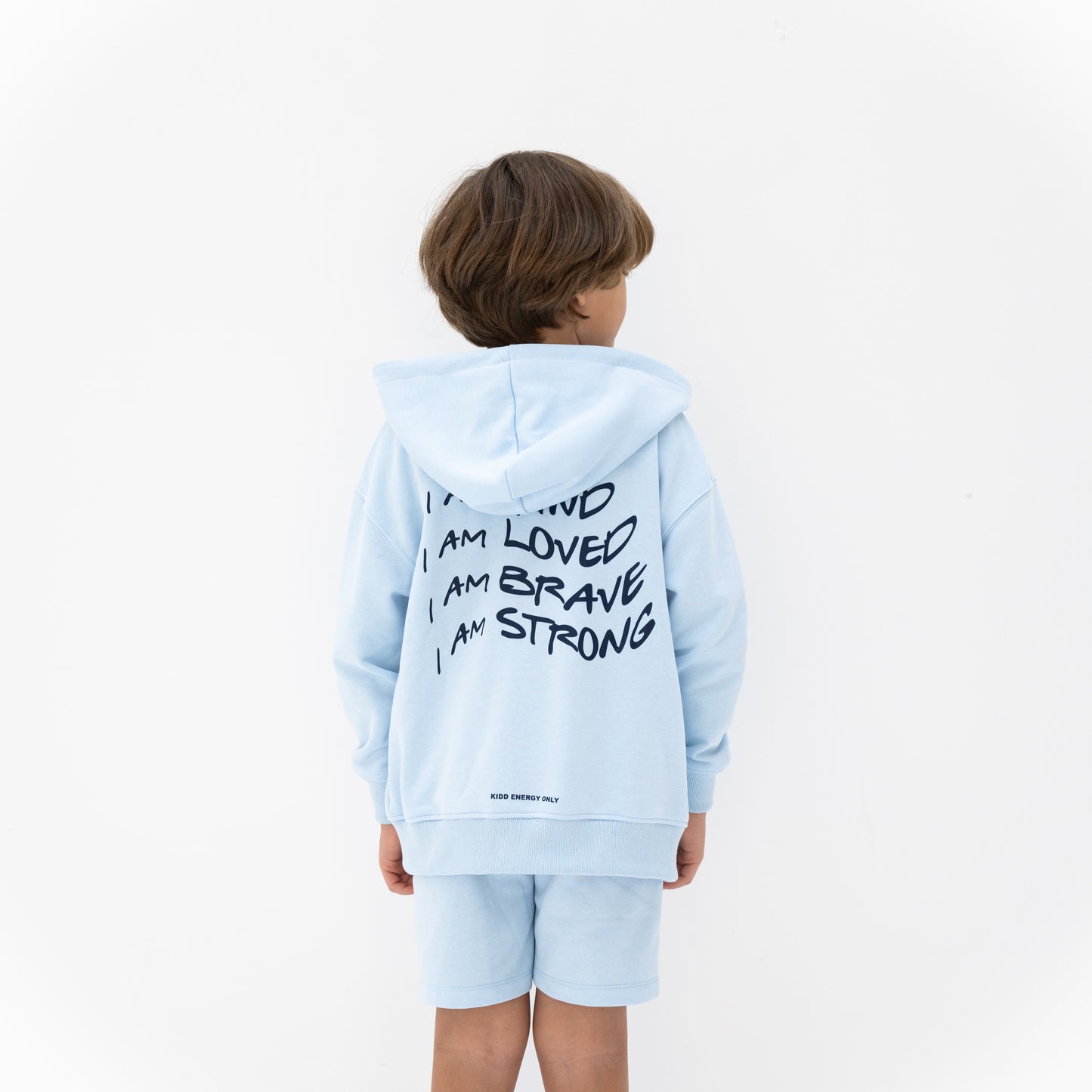 KIDD, @kidd.ae e-shop conceptual children’s brand genderless clothing I AM hoodie color sky blue Dubai