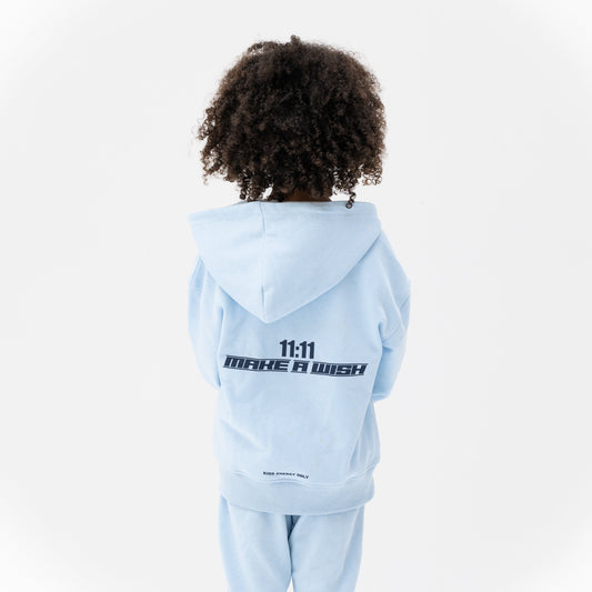 KIDD, @kidd.ae e-shop conceptual children’s brand genderless clothing 11:11 hoodie color sky blue Dubai