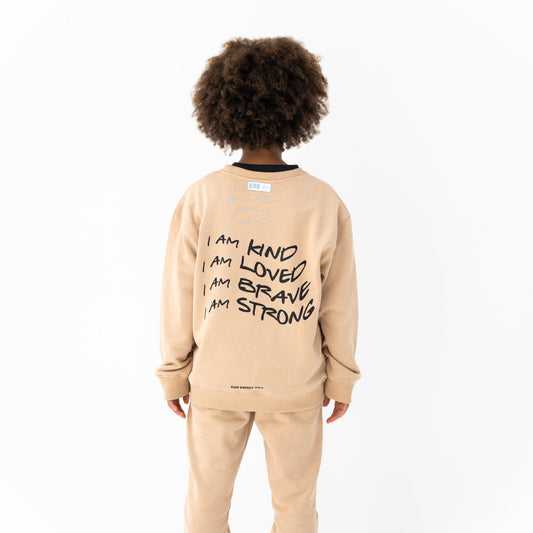 KIDD, @kidd.ae e-shop conceptual children’s brand genderless clothing I AM sweatshirt color sand / beige Dubai
