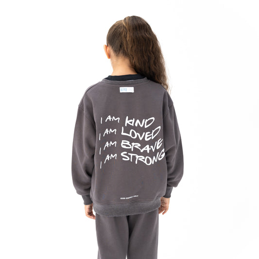 KIDD, @kidd.ae e-shop conceptual children’s brand genderless clothing I AM sweatshirt color medium grey Dubai