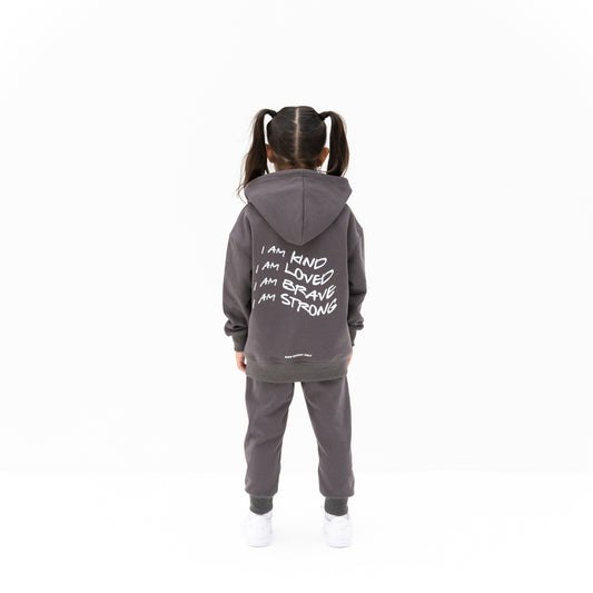 KIDD, @kidd.ae e-shop conceptual children’s brand genderless clothing I AM hoodie color medium grey Dubai