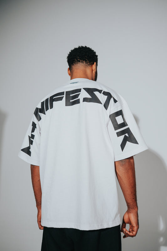 KIDD, @kidd.ae e-shop conceptual brand genderless clothing Manifestor t-shirt oversized fit premium color white Dubai