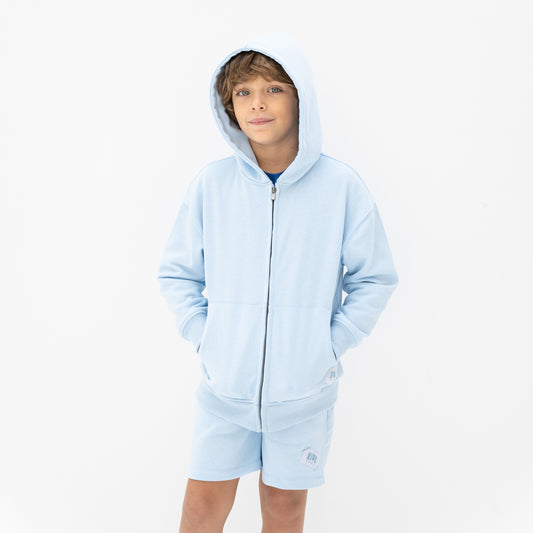 KIDD, @kidd.ae e-shop conceptual children’s brand genderless clothing I AM hoodie color sky blue Dubai